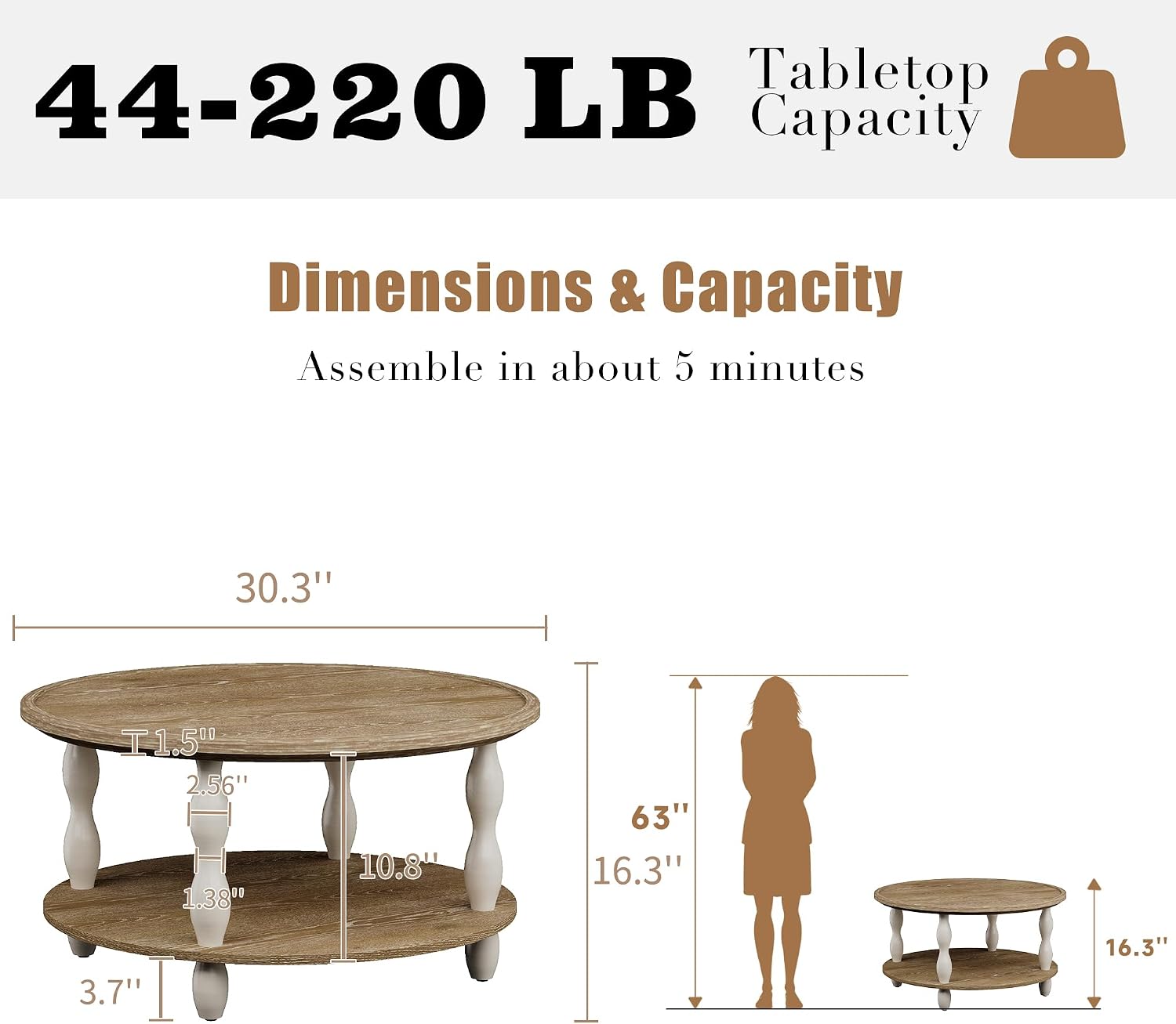karlott Round Coffee Table, 30.3' Coffee Tables for Living Room, Solid Wood Veneer 2-Tier Center Table with Storage Shelf, Pine Leg, Boho Rustic Farmhouse for Living Room, Easy Assembly, Cream Beige