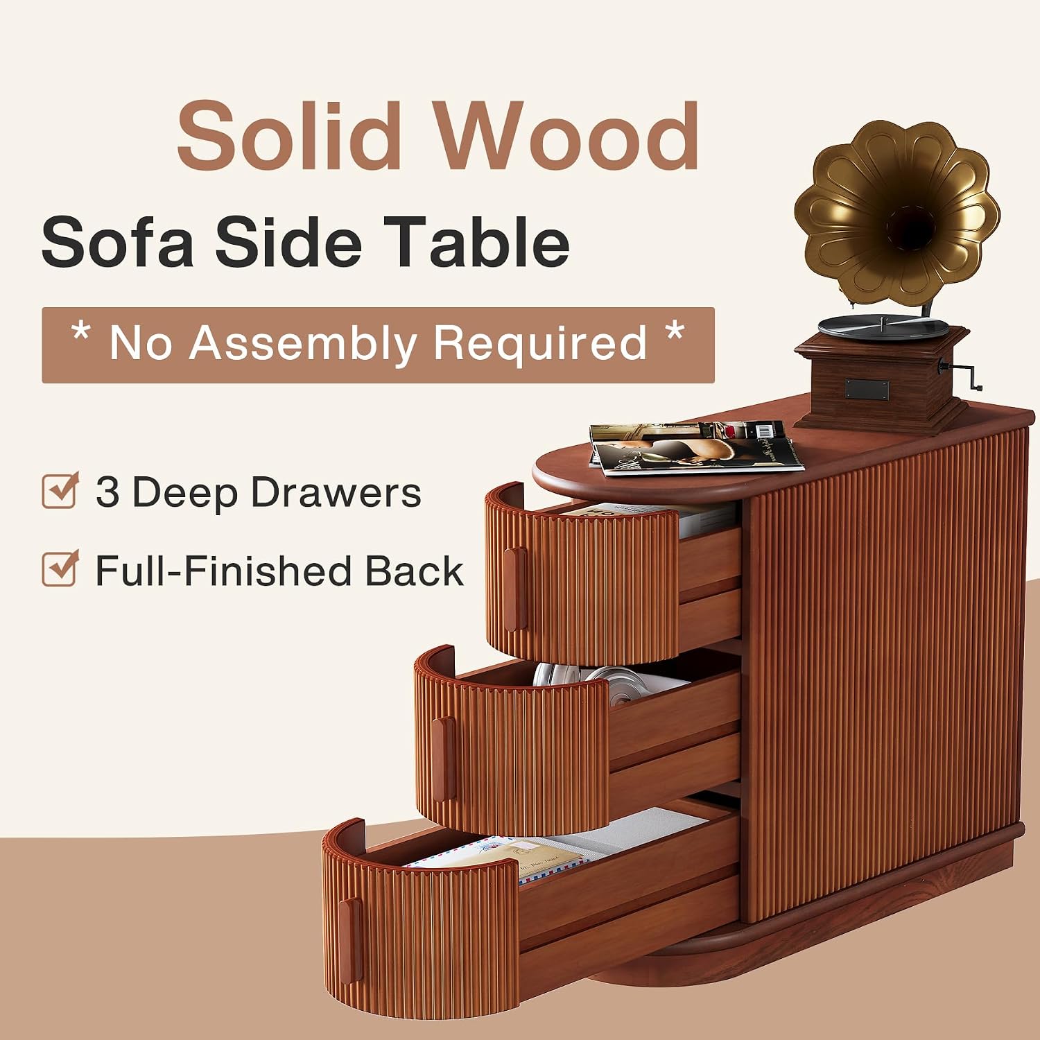 Tribesigns 3-Drawer Wooden End Table, Modern Sofa Side Table, Narrow Chair Side Table Slim Nightstand for Living Room, Bedroom, Finished Back, No Assembly Required, Walnut(Set of 2)