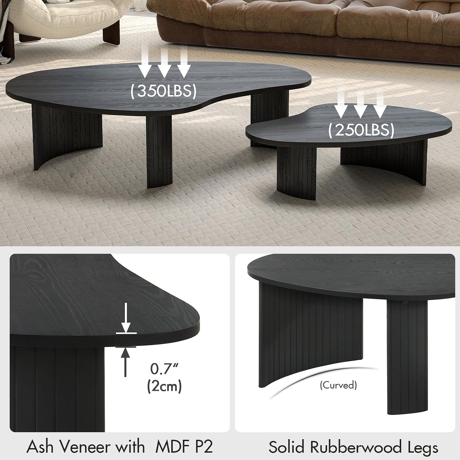 Hyfirm 2-Piece Irregular Mango Nesting Coffee Table Set, Black Solid Wood Coffee Tables with Fluted Legs, Modern Minimalist Accent Tables for Living Room, Bedroom & Small Apartments