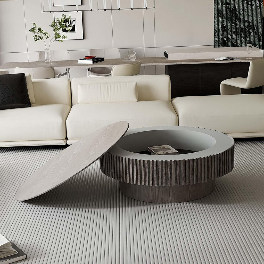 39'' Round Coffee Table with Storage, Modern Wooden Coffee Table with Solid Wood Veneered, Circle Center Table Accent Tea Table for Living Room Apartment Grey