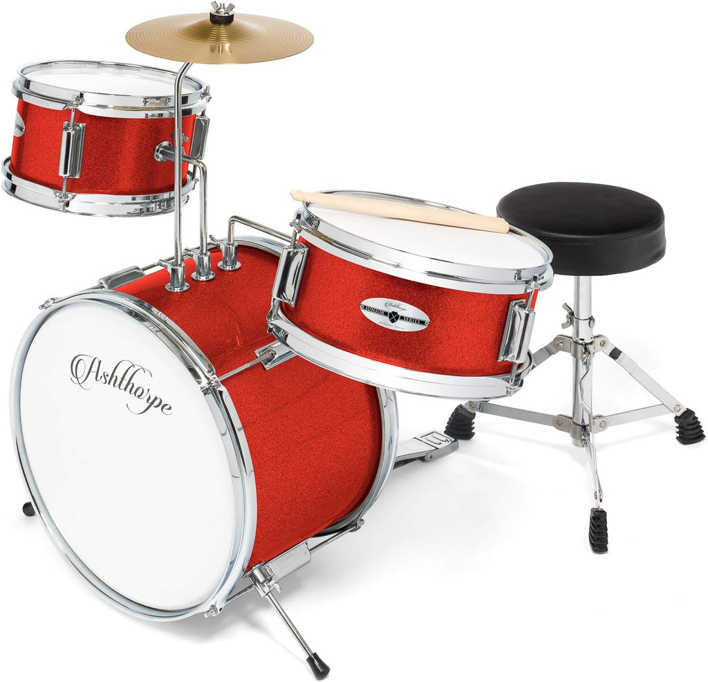 Ashthorpe 3-Piece Complete Kids Drum Set - Beginner Kit with 14' Bass, Adjustable Throne, Cymbal, Pedal & Drumsticks - Red
