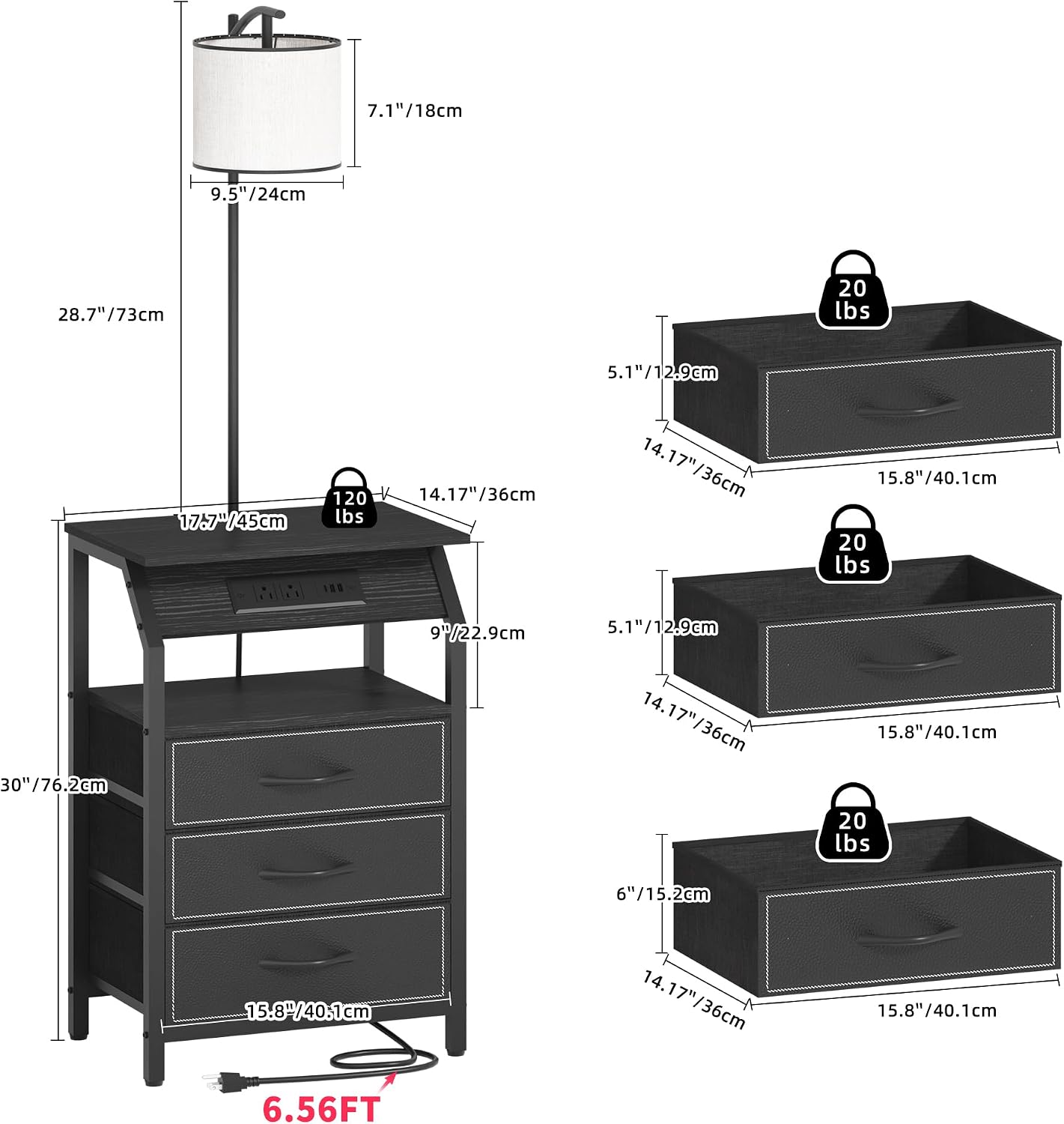 End Table with Floor Lamp Set of 2, Nightstand with Charging Station, Floor Lamp Table with 3-Color Temperature Bulb, Bedside Table Night Stand with 3 Drawers for Bedroom, Living Room, Black