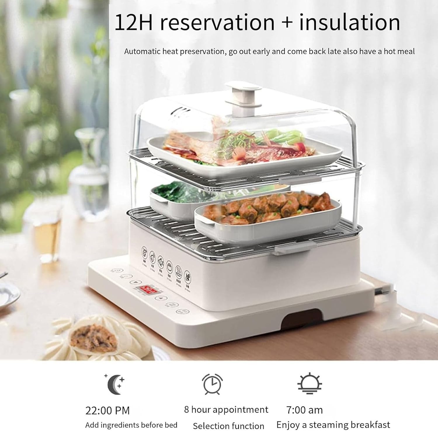 Electric Food Steamer, 3-Layer Cookware, 40L Capacity, Foldable Hot Food Heater, Automatic Steamer with 12 Hours Heat Preservation, Ideal for Cooking and Food Preparation