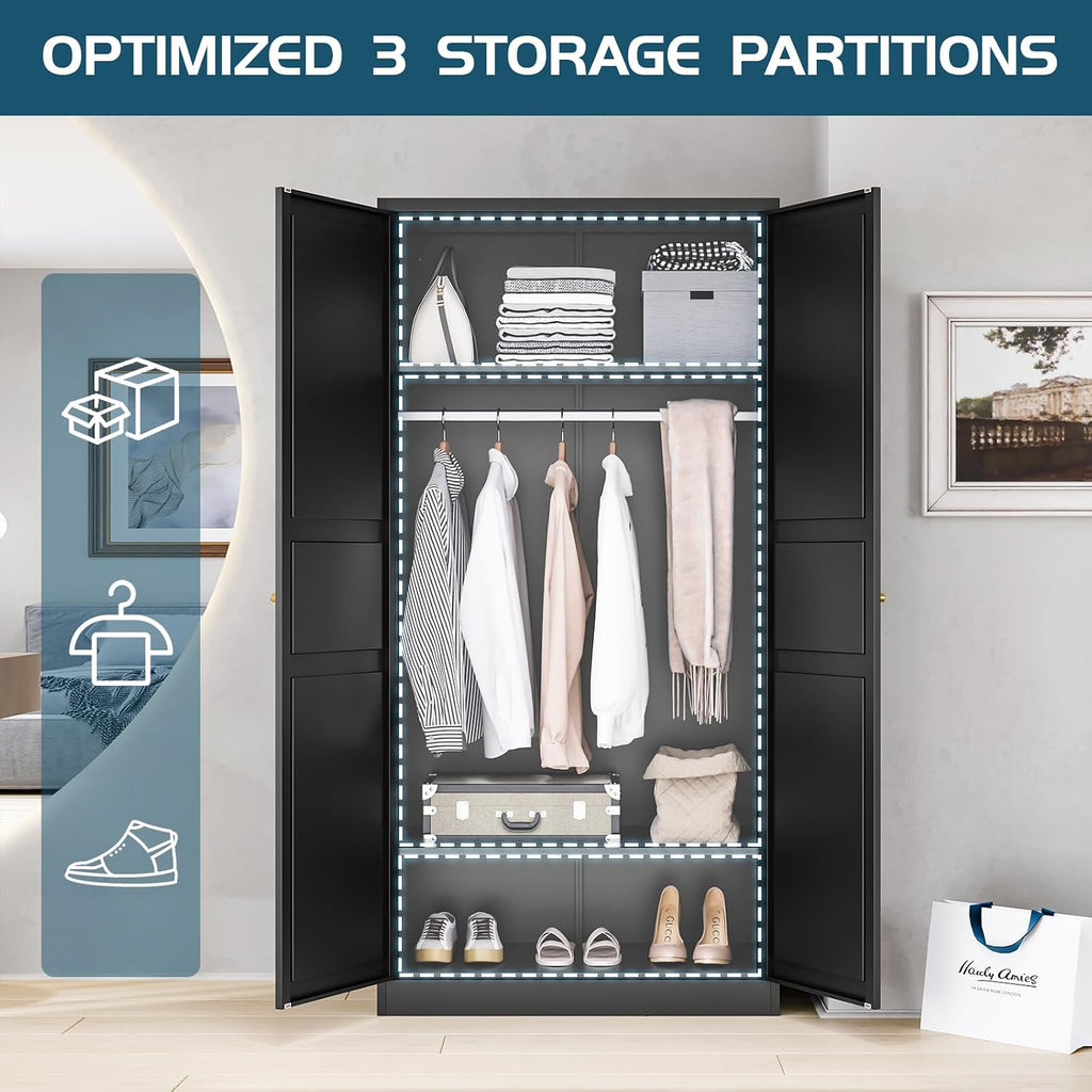 MIIIKO Wardrobe Closet with 2 Doors, 72' Metal Wardrobe Cabinet with Hanging Rod, Bedroom Armoires Laundry Room and Office Clothes Storage Organizer Cabinets Black