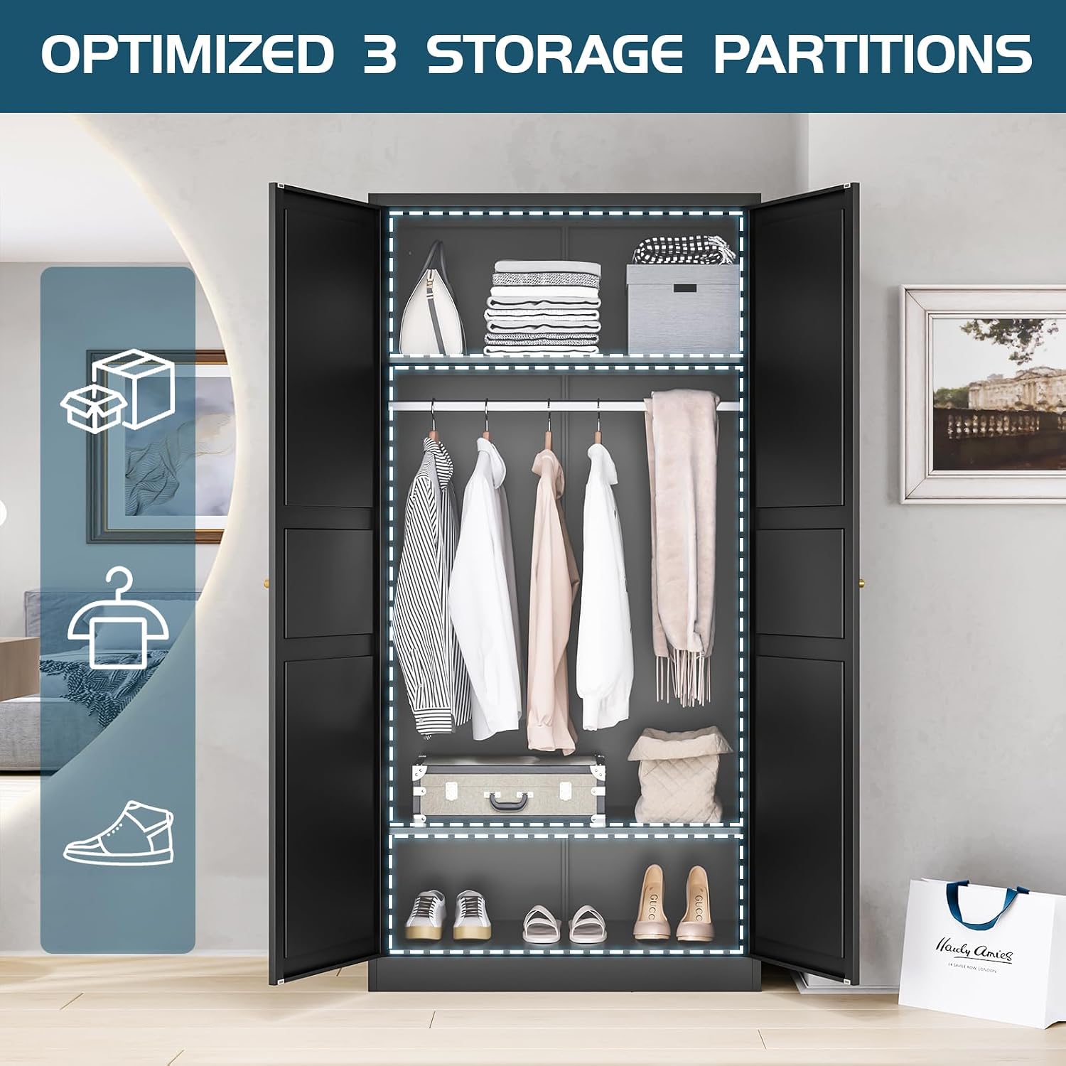 MIIIKO Wardrobe Closet with 2 Doors, 72' Metal Wardrobe Cabinet with Hanging Rod, Bedroom Armoires Laundry Room and Office Clothes Storage Organizer Cabinets Black