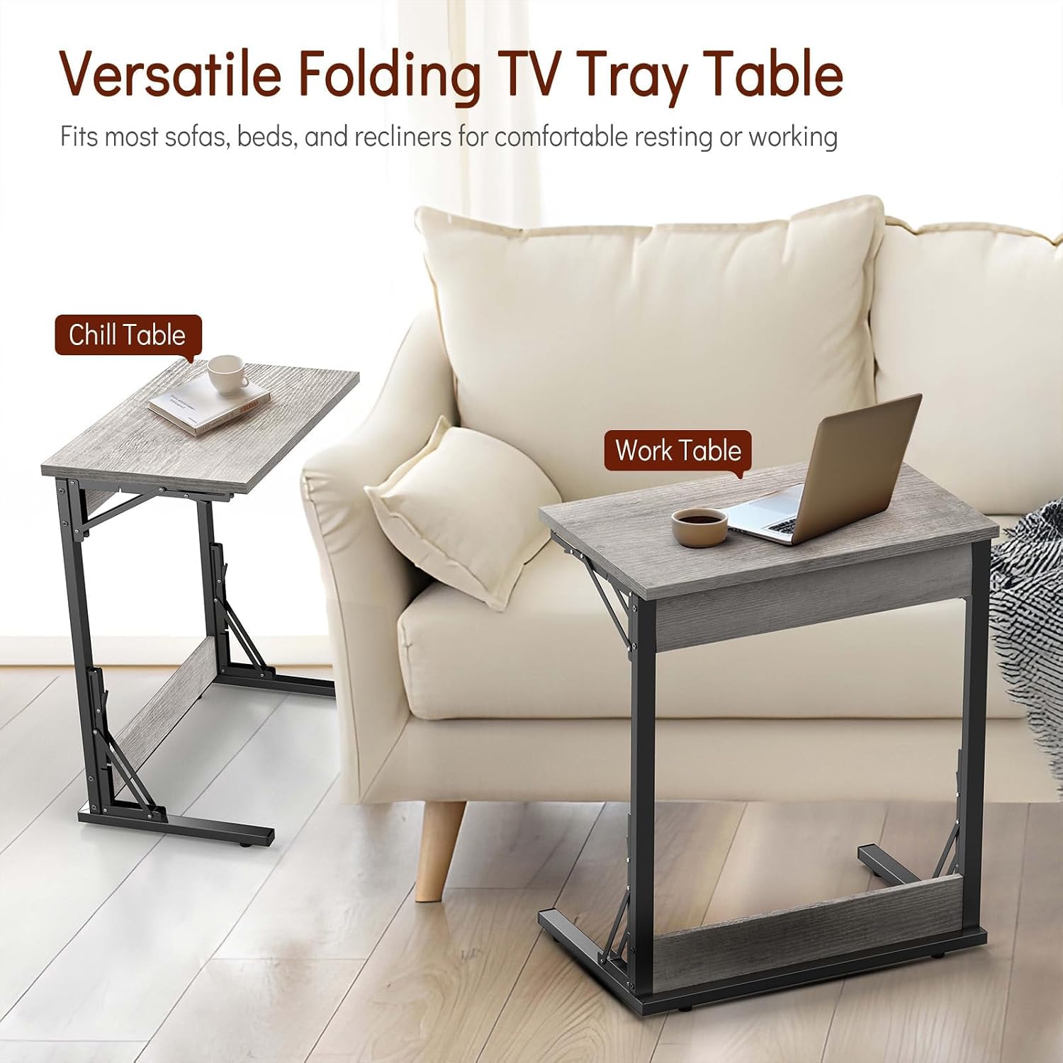 Tatub 24' TV Tray Table Set of 4, Folding C Shaped End Table, Small Sofa Side Laptop Desk for Living Room, Bedroom, Ivory White