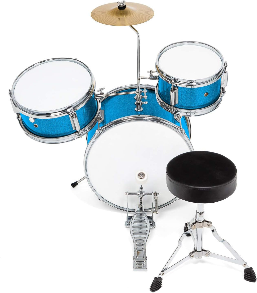 Ashthorpe 3-Piece Complete Kids Drum Set - Beginner Kit with 14' Bass, Adjustable Throne, Cymbal, Pedal & Drumsticks - Blue