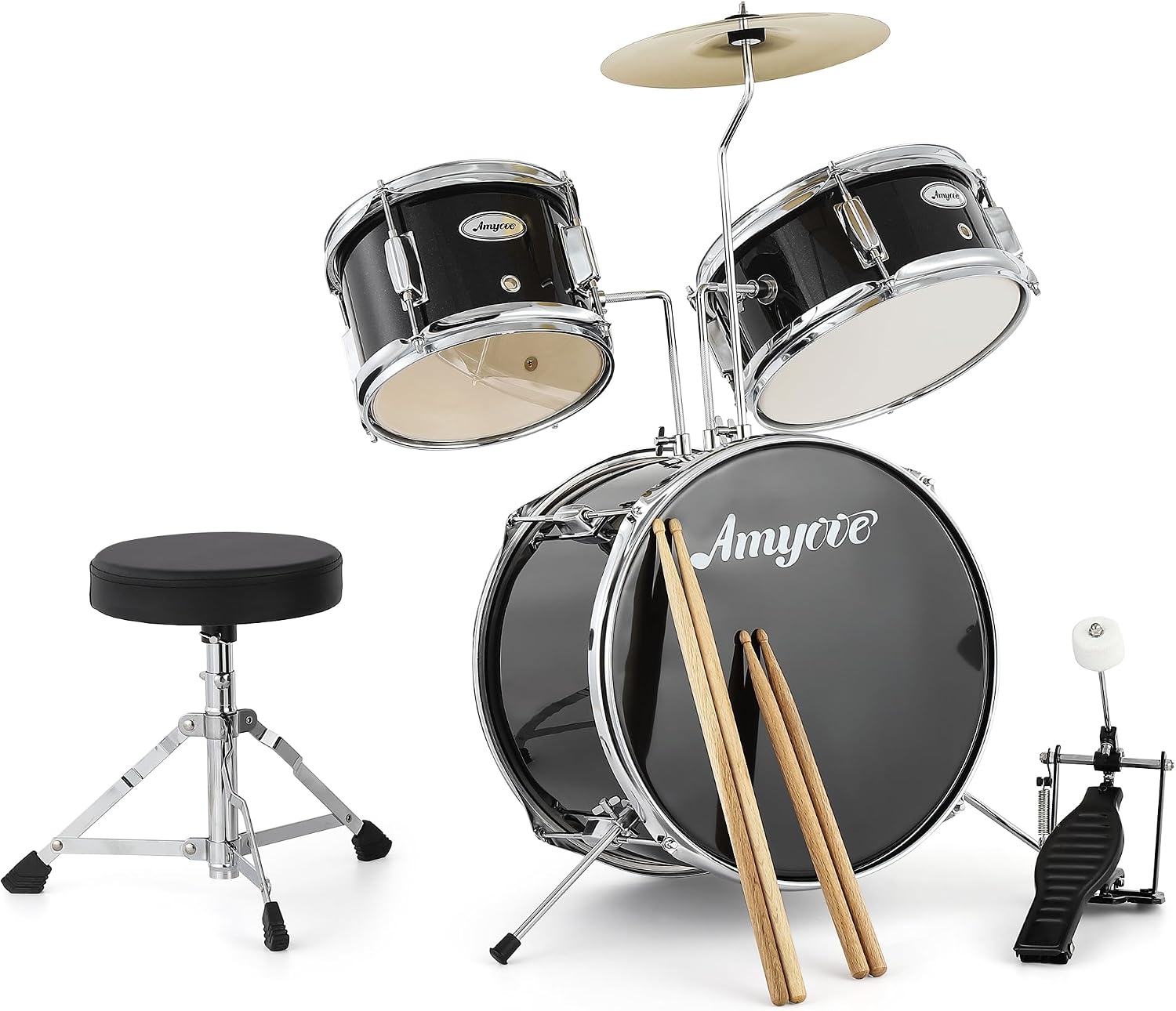 3-Piece Beginner Drum Set, Beginner Drum Set,with Bass Tom Snare Drum, 14 Inch Drum Kit with Snare, Cymbal, Drumsticks, Adjustable Seat (Metallic Black)