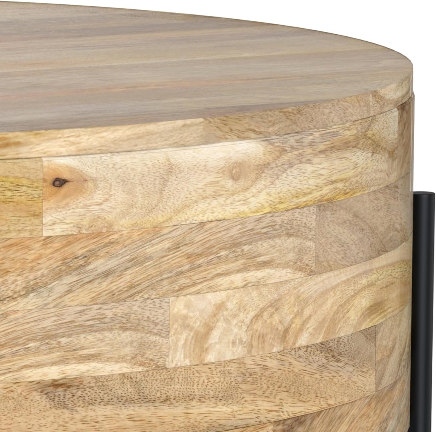 SIMPLIHOME Rayburn Drum Coffee Table - 38 inch Wide Solid Mango Wood Round Living Room Table in Natural, Modern Industrial Center Table for Family Room with Black Metal Legs and Large Surface