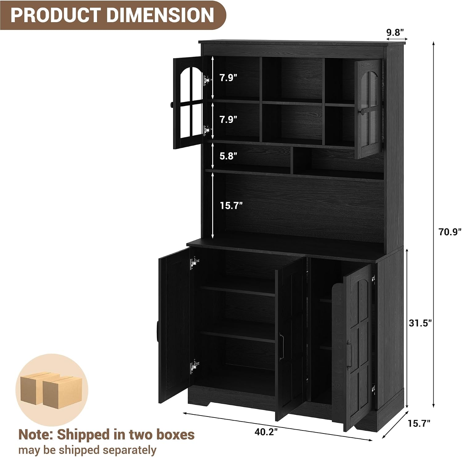 Garvee Pantry Cabinet with Charging Station, Tall Kitchen Pantry Storage Cabinet with Hutch,70.9 Inch Kitchen Cabinet with Glass Doors, for Dining Room