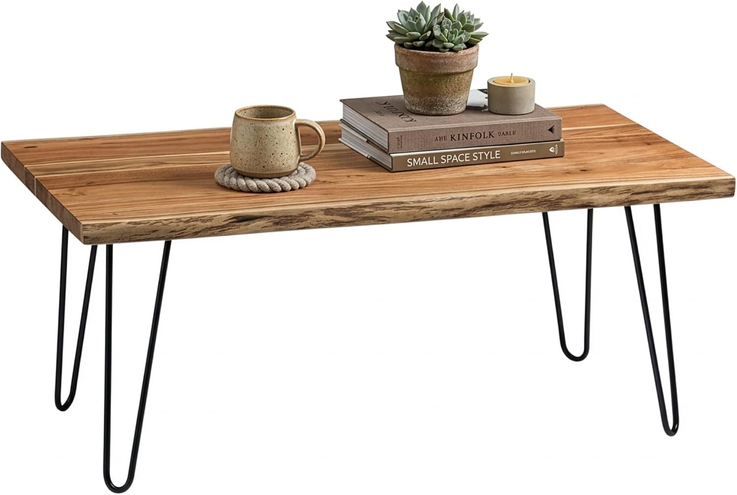 Alaterre Furniture Live Edge Wood Coffee Table with Hairpin Metal Legs – Rustic Modern Farmhouse Living Room Table with Acacia Wood Top (42 Inch)