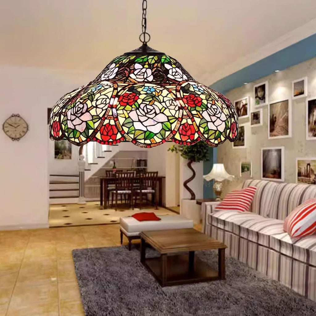 Tiffany Style Traditional Handmade 22 Inch Wide Rose Flower Design Stained Glass Lampshade Replacement Only Retro Red Blue Pink Floral Light Cover Accessories for Table Lamp Pendant Light
