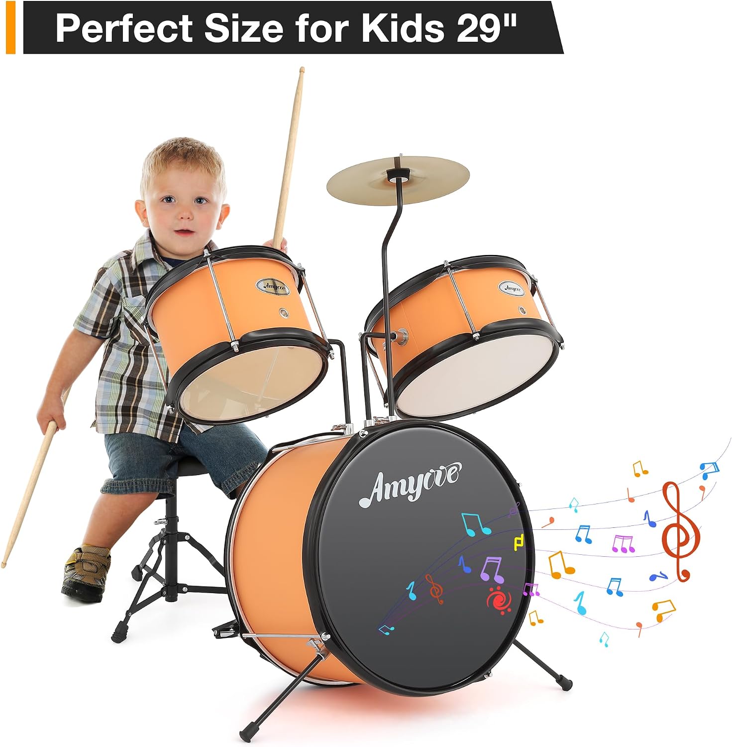 3-Piece Beginner Drum Set, Beginner Drum Set,with Bass Tom Snare Drum, 14 Inch Drum Kit with Snare, Cymbal, Drumsticks, Adjustable Seat (Yellow)