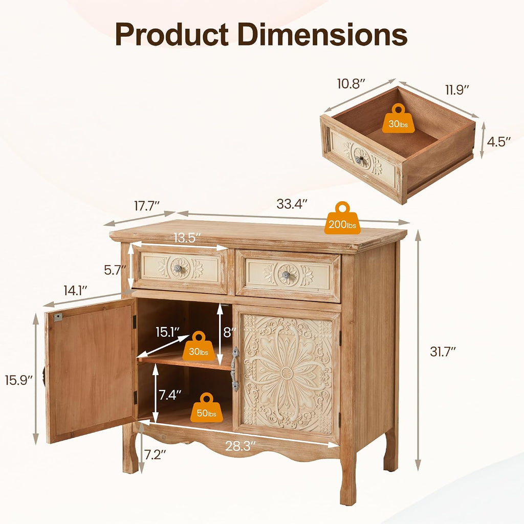 RoyalCraft Solid Wood Nightstand, Vintage Side Table with 2 Doors and 2 Drawers, Large End Table with Storage, Bedside Table for Bedroom, Living Room, French Romance Design, (Natural)