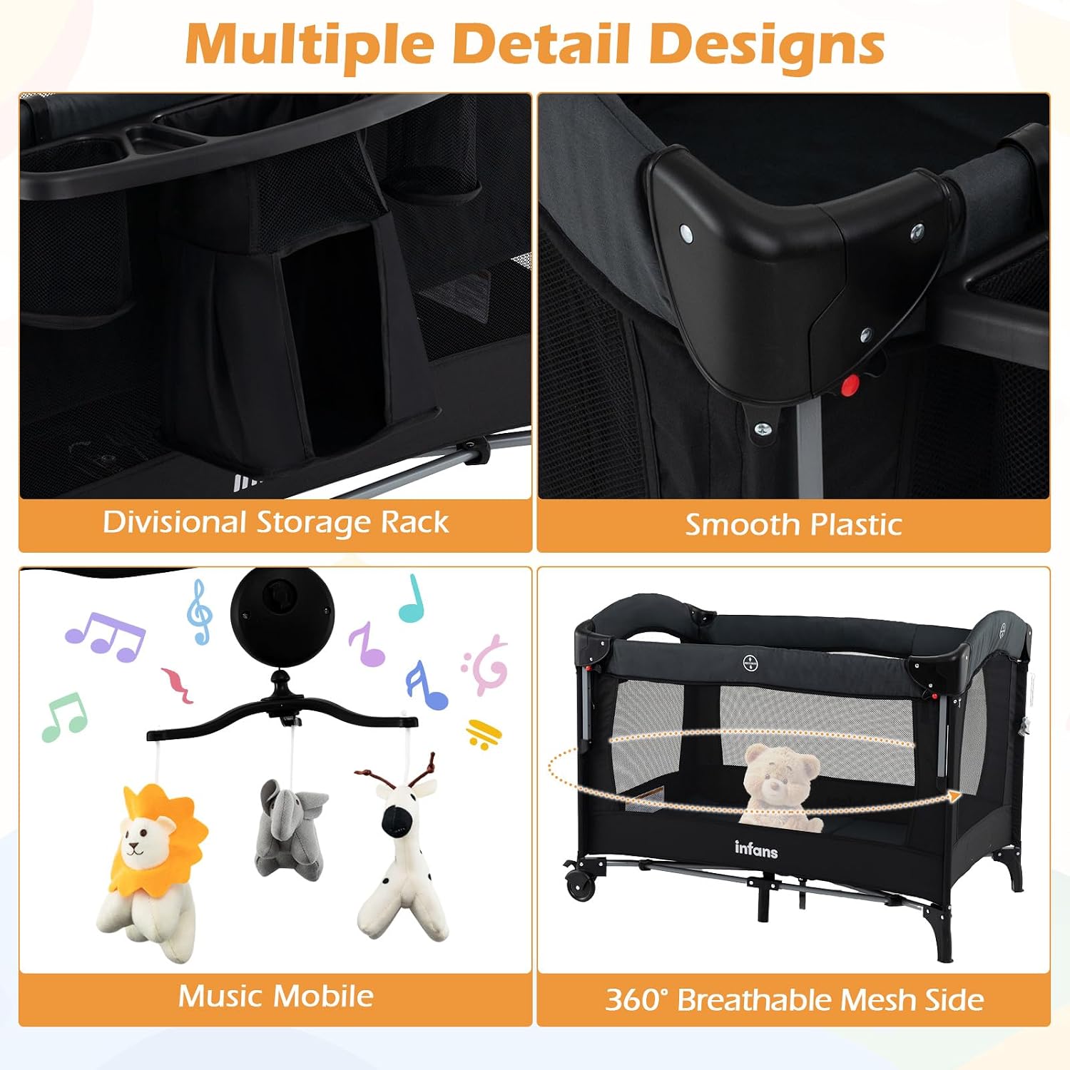INFANS 4 in 1 Baby Bassinet, Converts Pack and Play to Portable Bedside Crib Sleeper with Diaper Changer, Mattress, Carry Bag, Music Box, Hanging Toys for Infants Toddlers (Black)