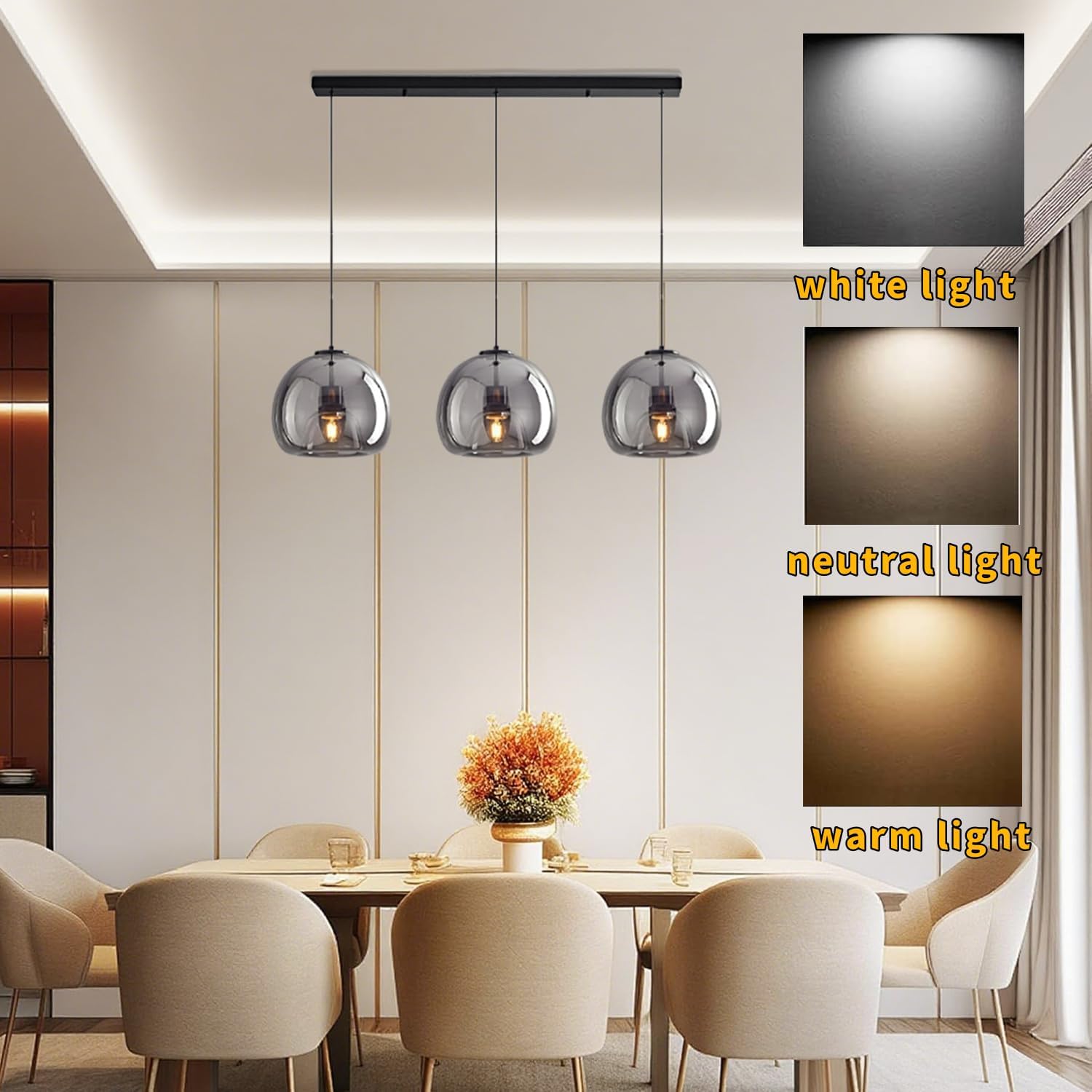 MIXL-Modern Globe Pendant Light 3-Lights Hanging Light with Smoke Gray Glass Lampshade, Height Adjustable Dining Room Lighting, Glass Pendant Lamp, Farmhouse Hanging Lamp for Kitchen Island