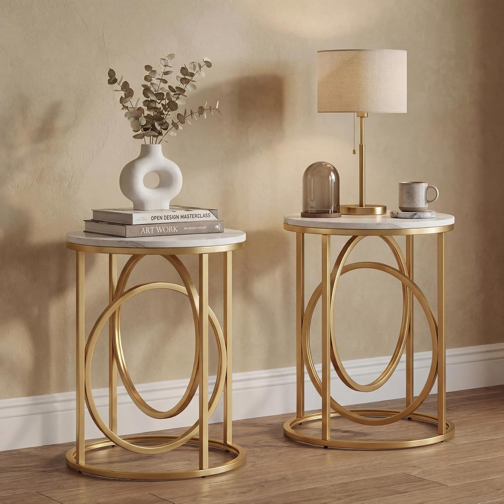 LITTLE TREE 20' Round End Table，Modern Sofa Side Table with Gold O-Shaped Base, Faux Marble White Cocktail Table Accent Table Nightstand for Living Room Bedroom, 2PCS