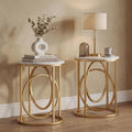 LITTLE TREE 20' Round End Table，Modern Sofa Side Table with Gold O-Shaped Base, Faux Marble White Cocktail Table Accent Table Nightstand for Living Room Bedroom, 2PCS