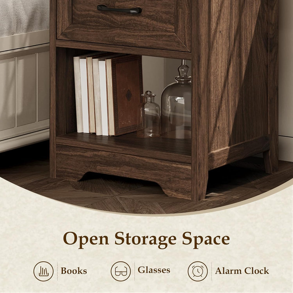 AODK Farmhouse Nightstand Set of 2, Rustic End Tables with Drawer & Open Storage, Wood Bedside Tables for Bedroom & Small Space, Dark Walnut