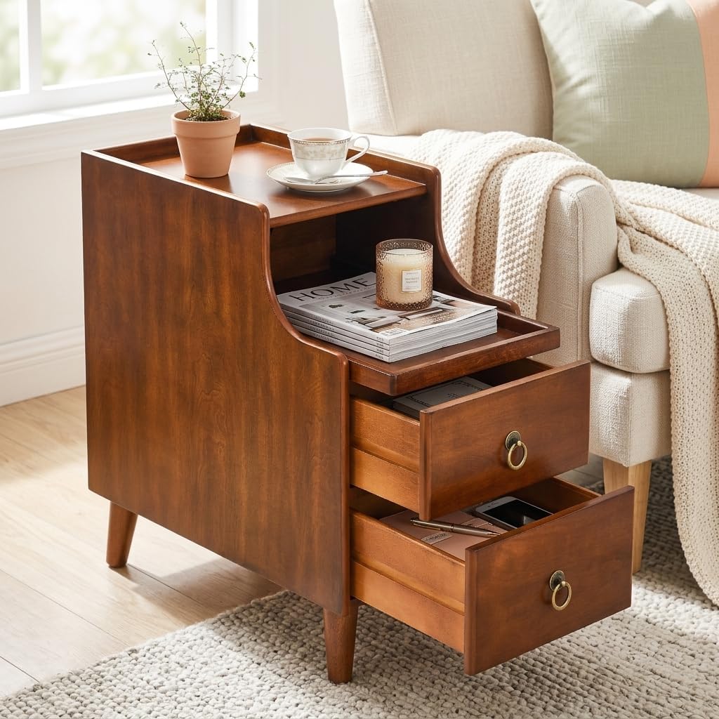 Storage Side End Table with 2 Drawers and Pull-Out Shelf, Small Sofa Side Table for Living Room, No-Tools Assembly, Solid Wood Narrow Beside Tables, 11.8'W x 21.6'L x 22.9'H, Brown, BG-A1359-MG