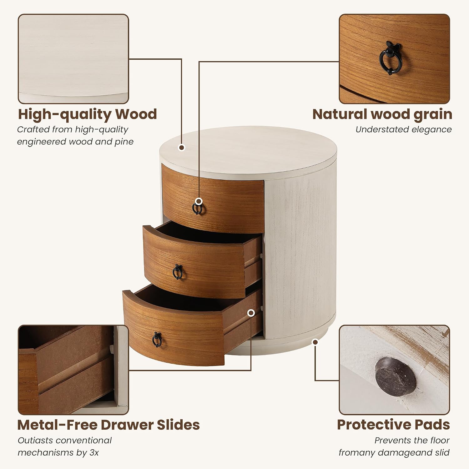 COSIEST 3 Drawer Chest of Drawers, 20 inch MDF Round Storage Cabinet, Retro Whitewash Finish Nightstand, Wood Bedside Table with Drawers for Bedroom Living Room