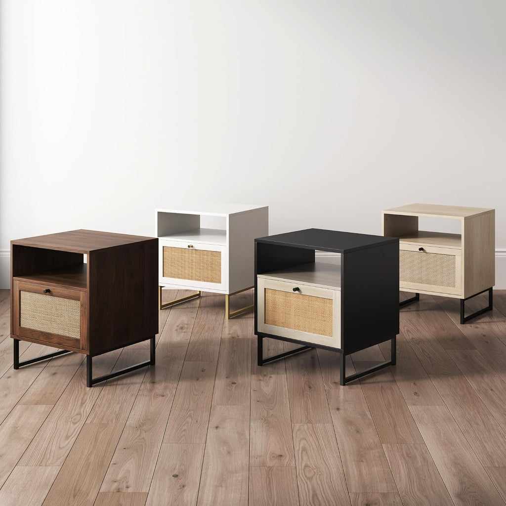 Nathan James Mina Side, End or Accent Table in a Natural Oak Wood Finish & Matte Black Accents with Storage for Living Room or Nightstand for Bedroom, Oak/Black, Set of 2