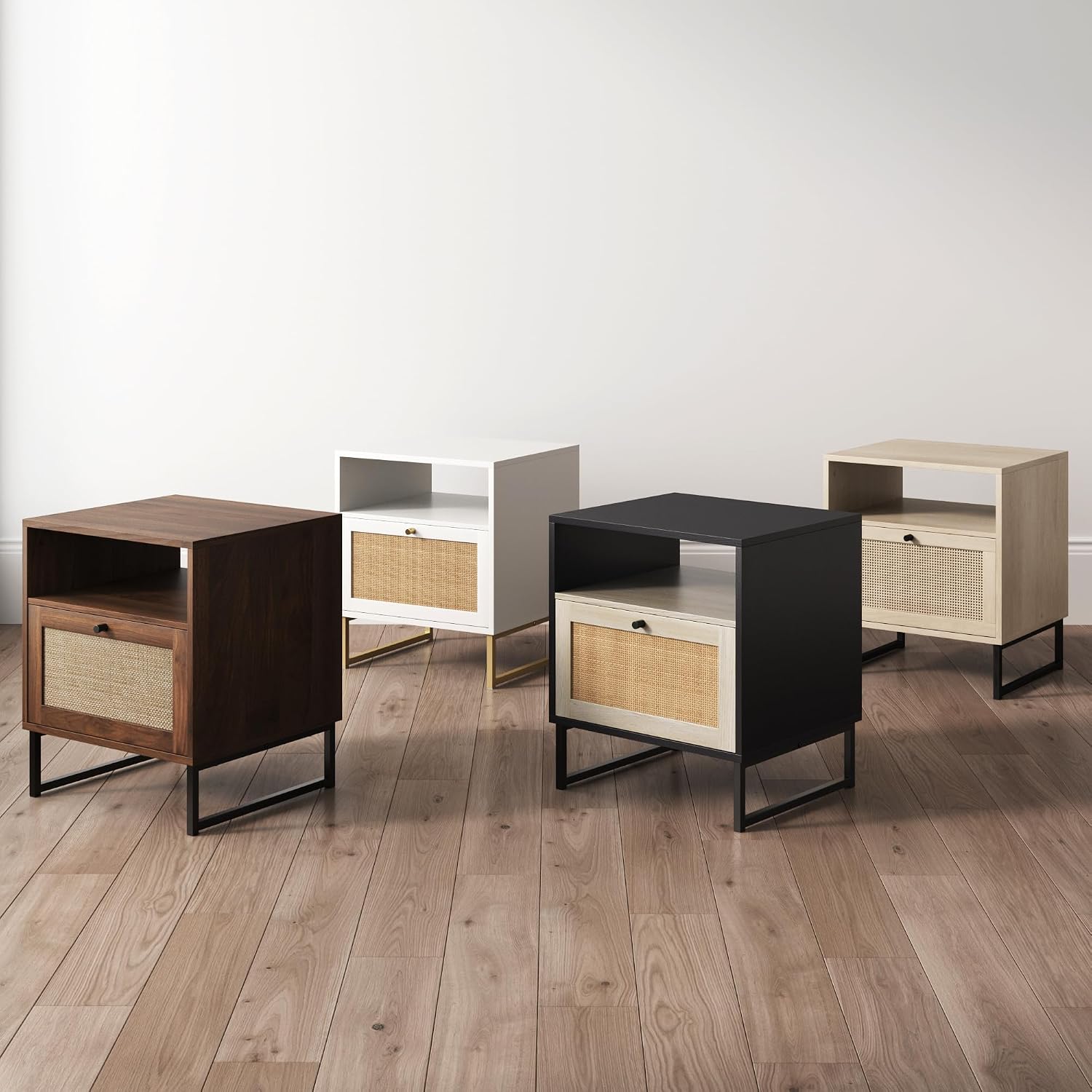 Nathan James Mina Side, End or Accent Table in a Natural Oak Wood Finish & Matte Black Accents with Storage for Living Room or Nightstand for Bedroom, Oak/Black, Set of 2