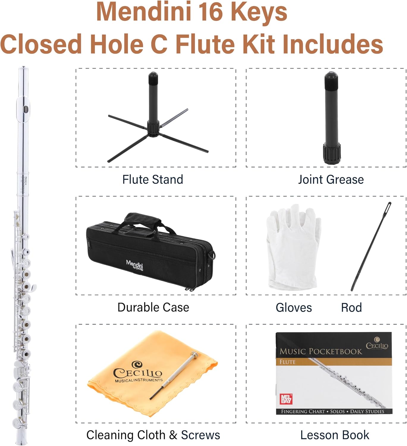 Mendini By Cecilio Open/Closed Hole C Flute, 16 Keys Flute Instrument For Beginners with Carrying Case, Cork Grease, Stand, Lesson Book, Cleaning Kit, Gloves- Silver