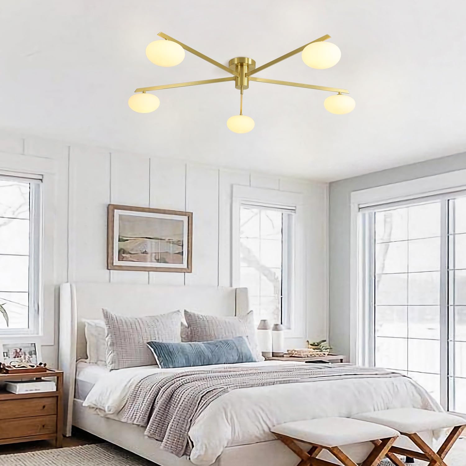 5 Lights Industrial Semi Flush Mount Ceiling Light Fixture Gold Modern Sputnik Chandelier Ceiling Light Fixtures Globe Sputnik Ceiling Lamp Glass Close to Ceiling Light Fixtures MCL05-GD