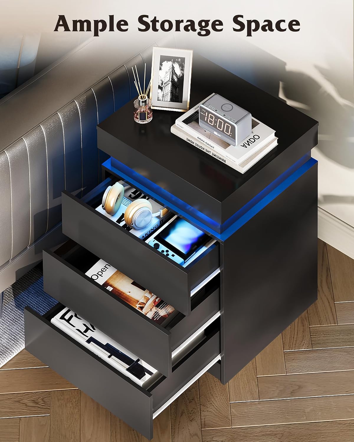 WLIVE Nightstand Set of 2 with Charging Station & LED Lights, Modern Night Stand with 3 Drawers and Sliding Top, Bedside Table End Table with Hidden Space for Bedroom, Living Room, Black