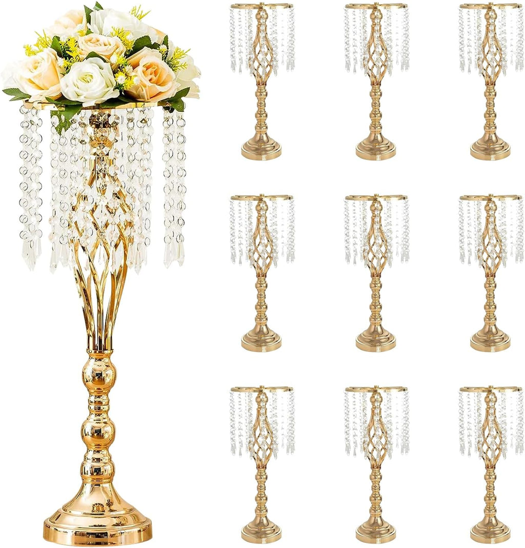 10 Pcs 21.7 Inch Gold Crystal Flower Stand Wedding Centerpieces for Table, Tall Metal Flower Arrangement Stand with Metal Chandelier Tabletop for Event, Birthday, Home Decor