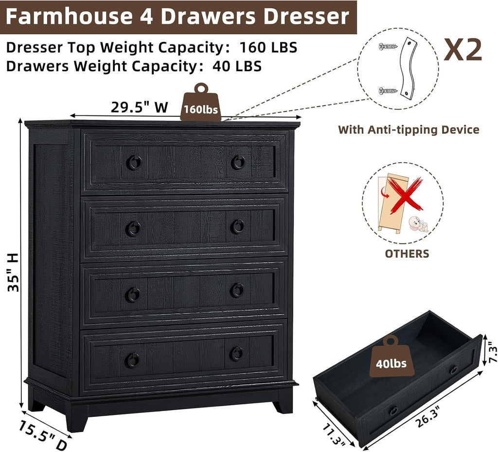 Joaxswe Farmhouse 4 Drawer Dresser for Bedroom, 35' Tall Small Dressers & Chest of Drawers, Rustic Wood Dresser with Metal Handle, Storage Organizer Closet for Living Room, Hallway, Entryway