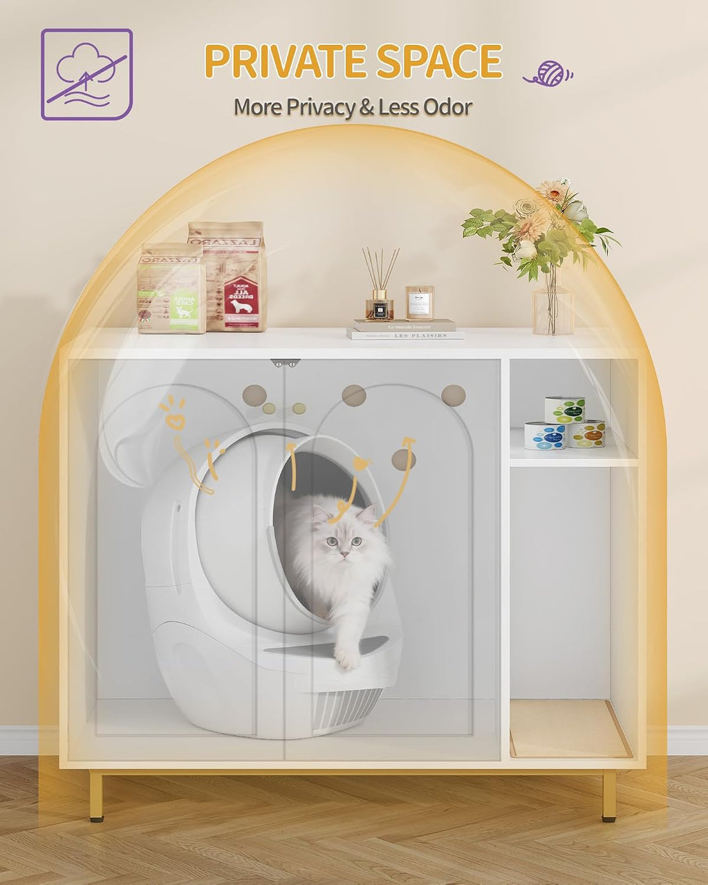 Hzuaneri Extra Large Cat Litter Box Enclosure, Automatic Litter Box Furniture with Scratch Pad, Wooden Modern Self-Cleaning Cat Cabinet with Storage, Cat Washroom, End Table, White and Gold CB87103G