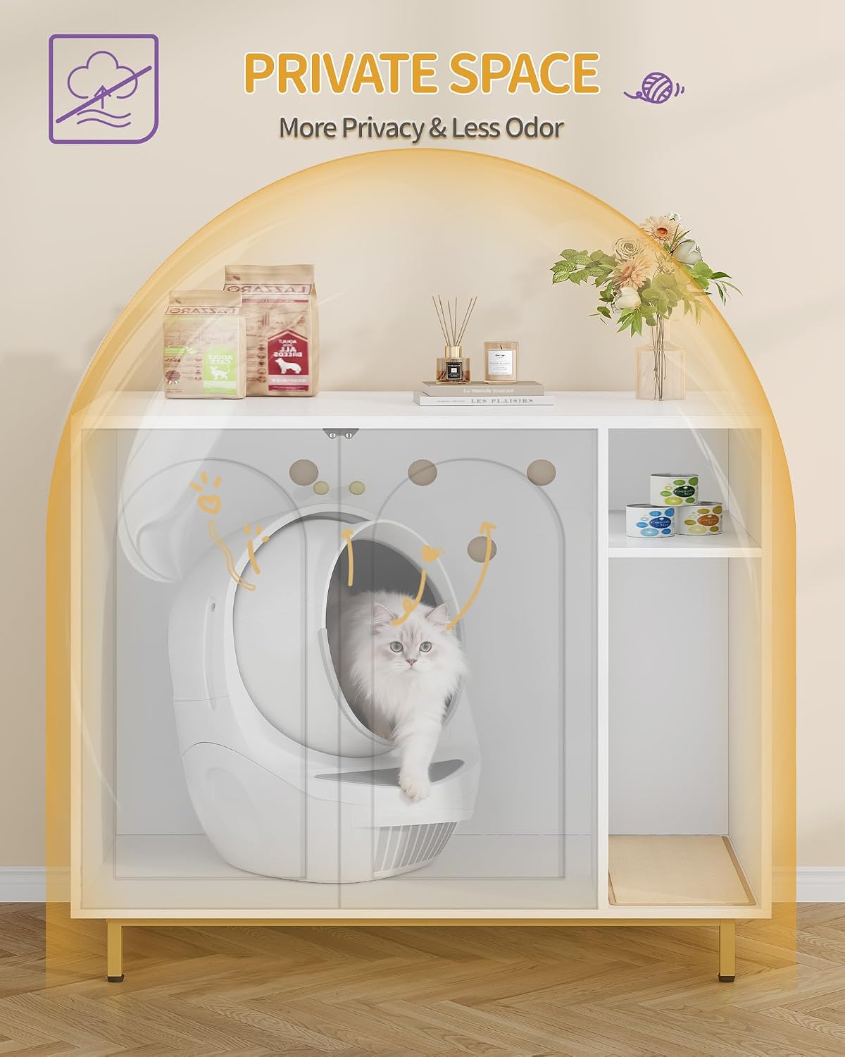 Hzuaneri Extra Large Cat Litter Box Enclosure, Automatic Litter Box Furniture with Scratch Pad, Wooden Modern Self-Cleaning Cat Cabinet with Storage, Cat Washroom, End Table, White and Gold CB87103G