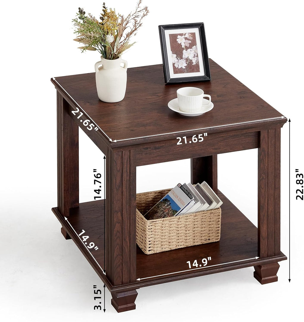 SAVOR LIFE Farmhouse End Table Set of 2,Large Side Table with 2-Tier Storage Shelf,Rustic Brown End Tables for Living Room,Square Tea Table,Walnut