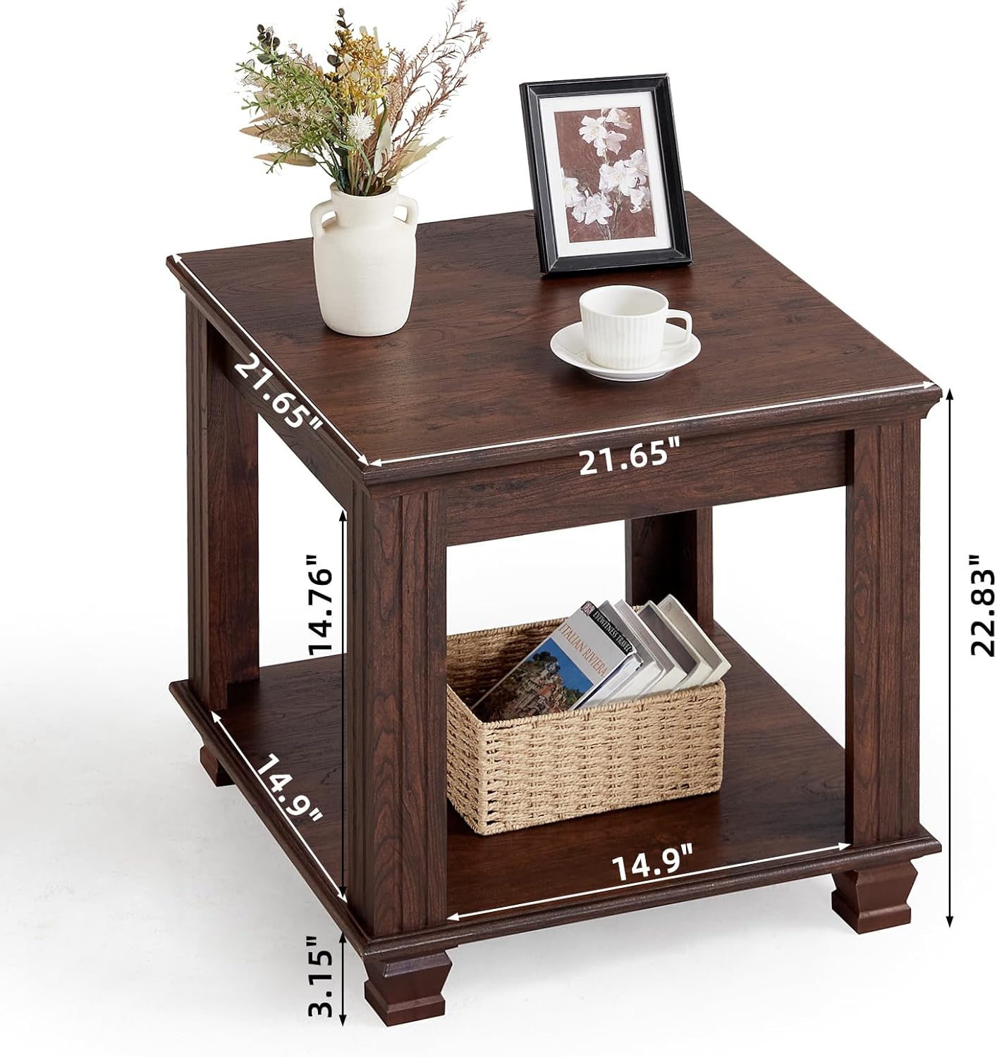 SAVOR LIFE Farmhouse End Table Set of 2,Large Side Table with 2-Tier Storage Shelf,Rustic Brown End Tables for Living Room,Square Tea Table,Walnut