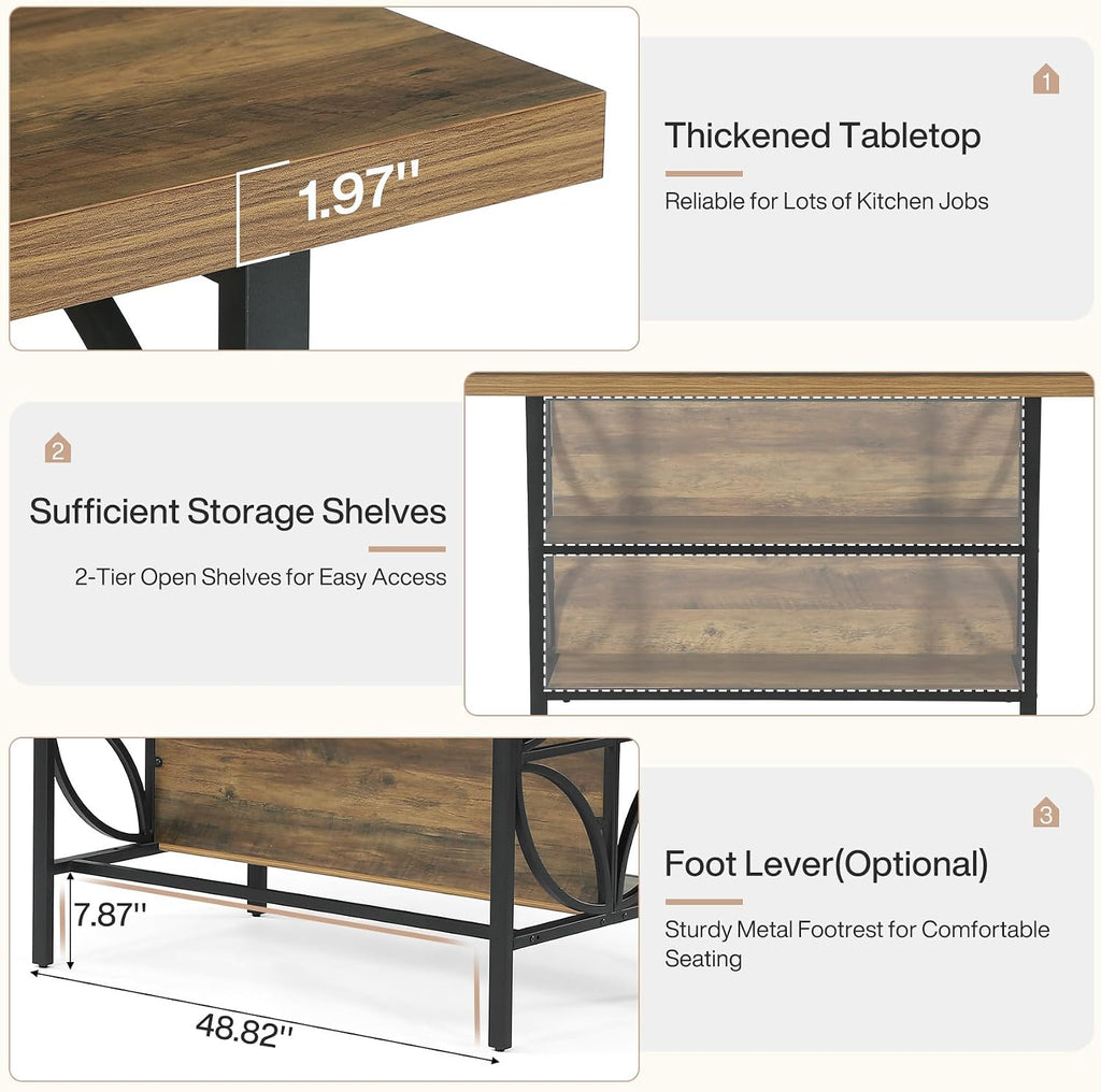 Tribesigns 62.99-Inch Kitchen Island with Storage, Kitchen Island Table with 2 Shelves and Large Worktop, Industrial Bar Table, Easy to Assemble, Rustic Brown (Stools Not Included)