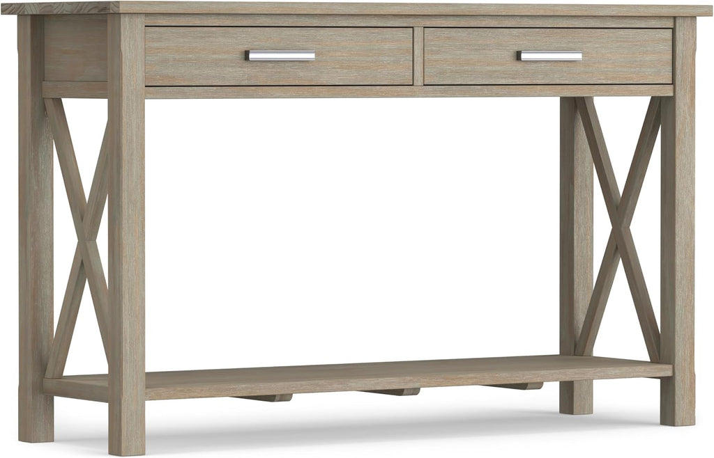 SIMPLIHOME Kitchener Console Table - 47 Inch Wide Solid Wood Sofa Table in Distressed Grey, Contemporary Storage Table for Entryway or Living Room with 2 Drawers, Bottom Shelf, and X-Design Sides