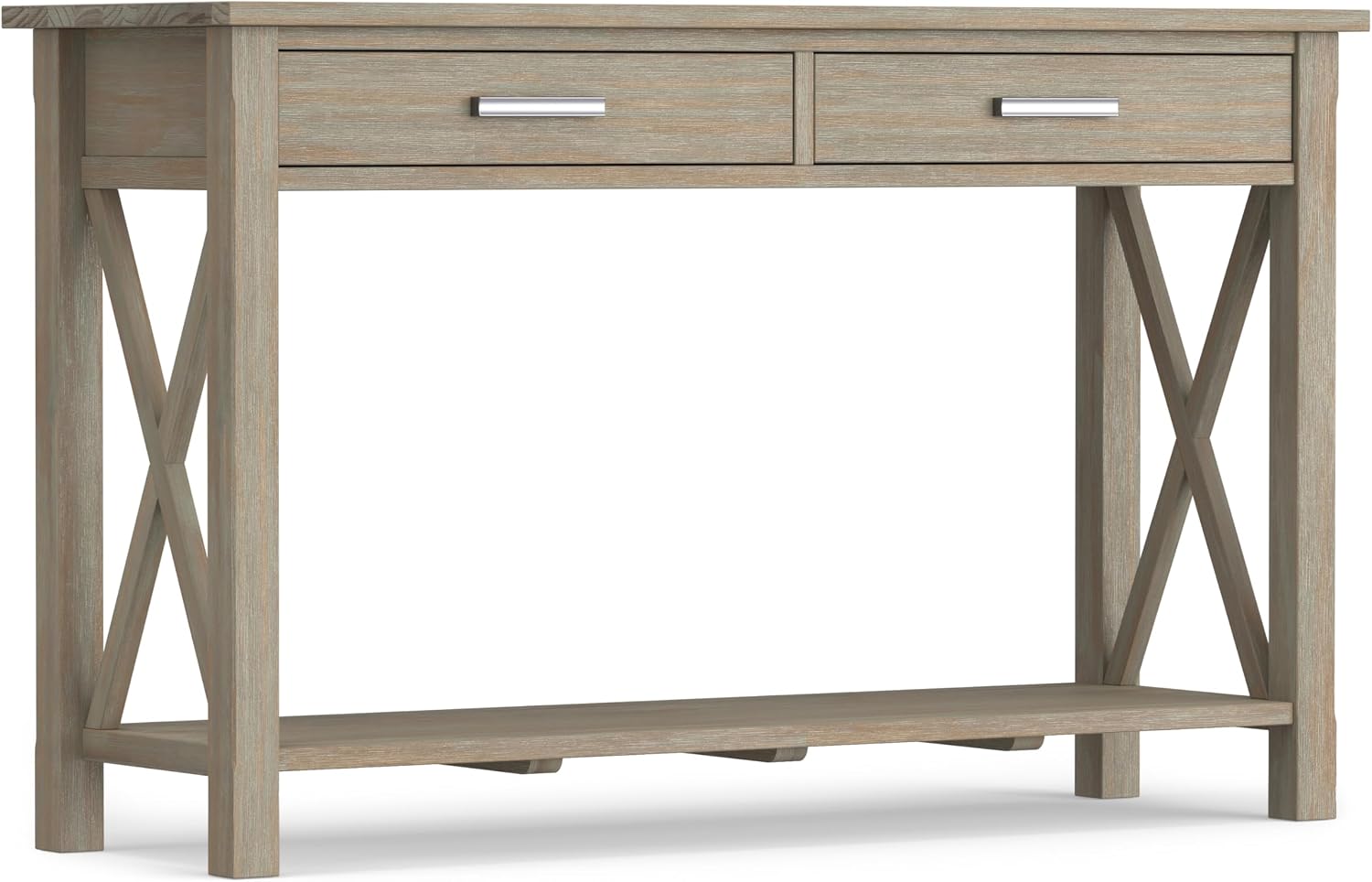 SIMPLIHOME Kitchener Console Table - 47 Inch Wide Solid Wood Sofa Table in Distressed Grey, Contemporary Storage Table for Entryway or Living Room with 2 Drawers, Bottom Shelf, and X-Design Sides