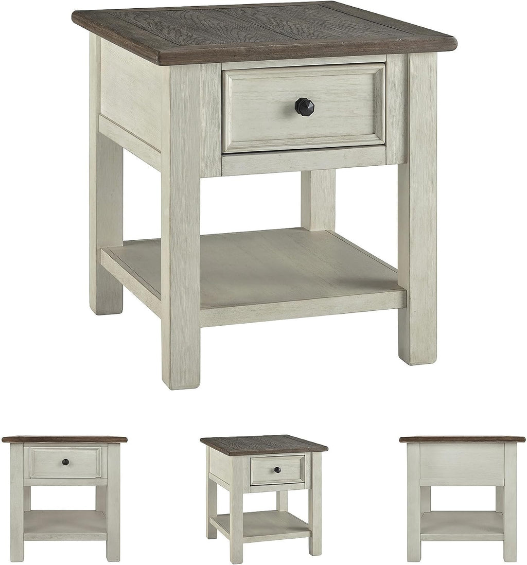 Signature Design by Ashley Bolanburg End Table for Living Room, Two-Tone Distressed Wood Side Table with Smooth-Gliding Drawer, Farmhouse Plank-Style Top, Ideal Night Stand Use, Antique White/Oak