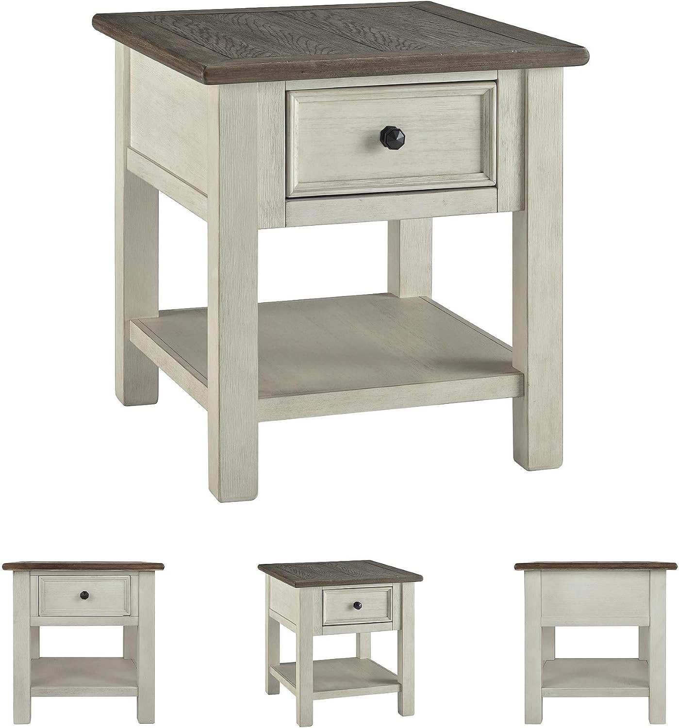 Signature Design by Ashley Bolanburg End Table for Living Room, Two-Tone Distressed Wood Side Table with Smooth-Gliding Drawer, Farmhouse Plank-Style Top, Ideal Night Stand Use, Antique White/Oak