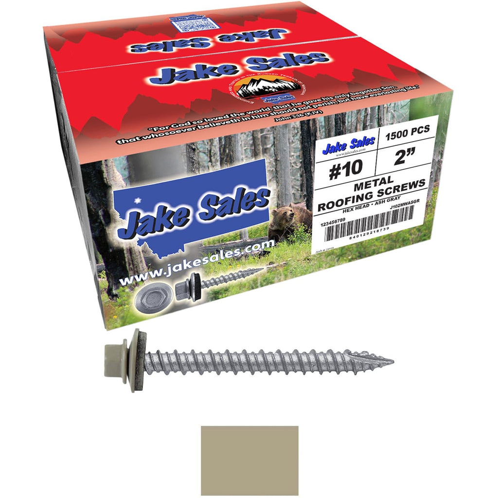 Metal Roofing Screws: (1500) 10 x 2 Ash Gray Hex Head Sheet Metal Roof Screw. Self Starting Metal to Wood siding Screws. EPDM Washer. Colored Head