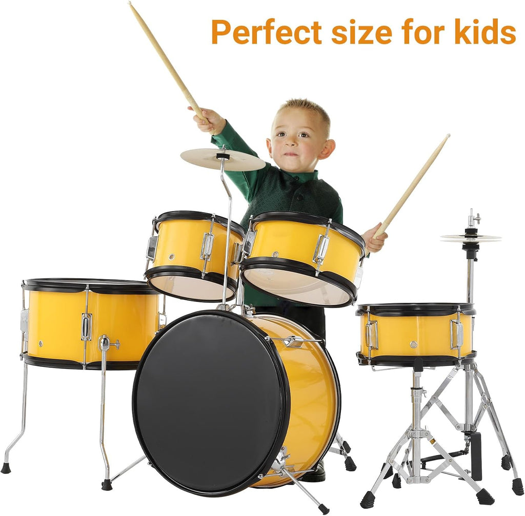 5-Piece 16 Inch Kids Drum Set, Junior Drum Kit with Bass Drum, Snare, 2 Toms, Cymbal, Hi-Hat, Throne Stool, Drumsticks & Pedals, Musical Gift for Beginner Students Ages 4+(Yellow)