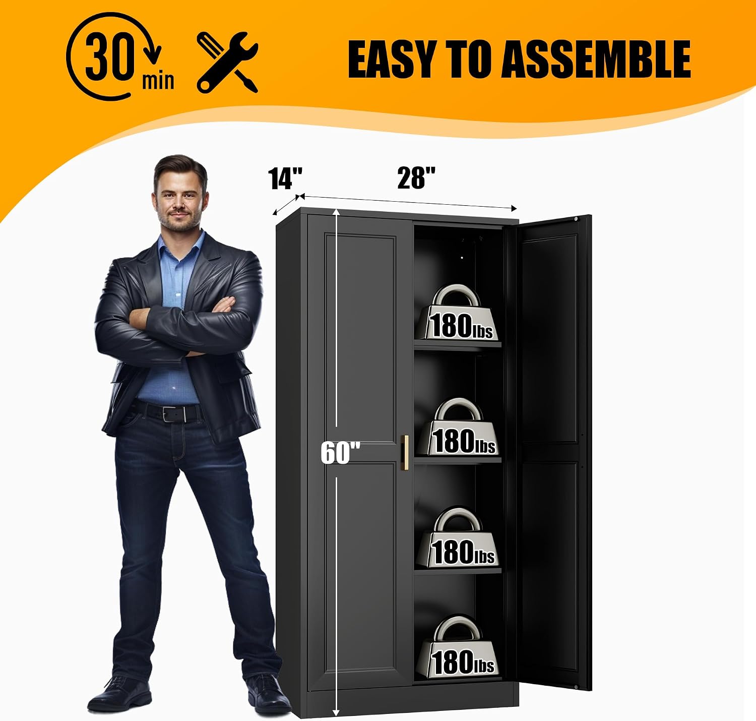 60' Tall Kitchen Storage Cabinet with 2 Doors, Metal Kitchen Pantry Cabinets with 3 Adjustable Shelves, Black Freestanding Food Cabinet, Large Cupboard for Office, Dining, Living Room,Hallway