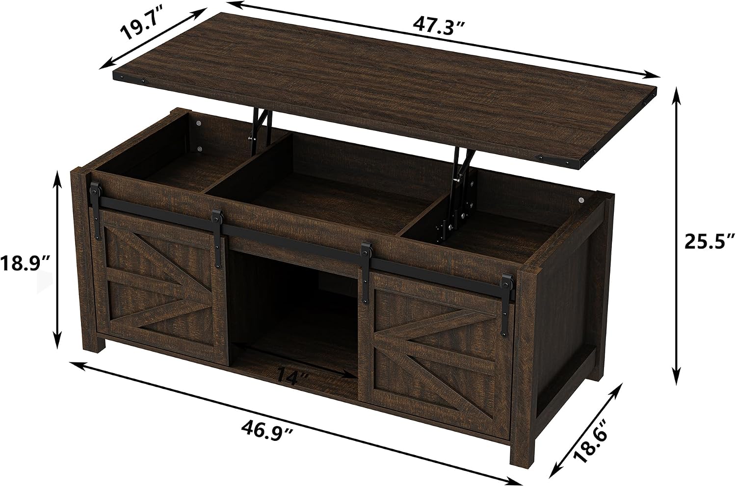 Furnihold 47.3'' Lift Top Coffee Table Rectangle Farmhouse Coffee Table with Storage Rustic Center Table with Sliding Barn Doors for Living Room, Home, Dark Brown