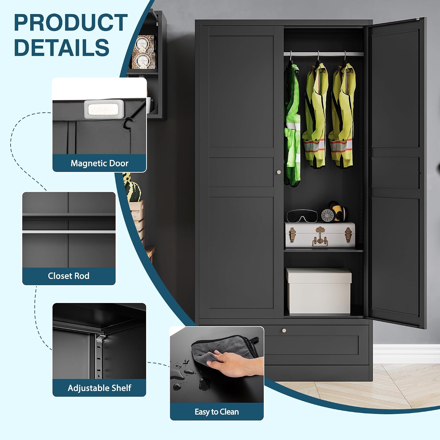 MIIIKO Wardrobe Closet with Drawer, 2 Doors Clothes Cabinet, 72' Metal Storage Cabinets with Hanging Rod and Shelf, Bedroom Armoires Laundry Room and Office Clothes Storage Organizer Cabinets