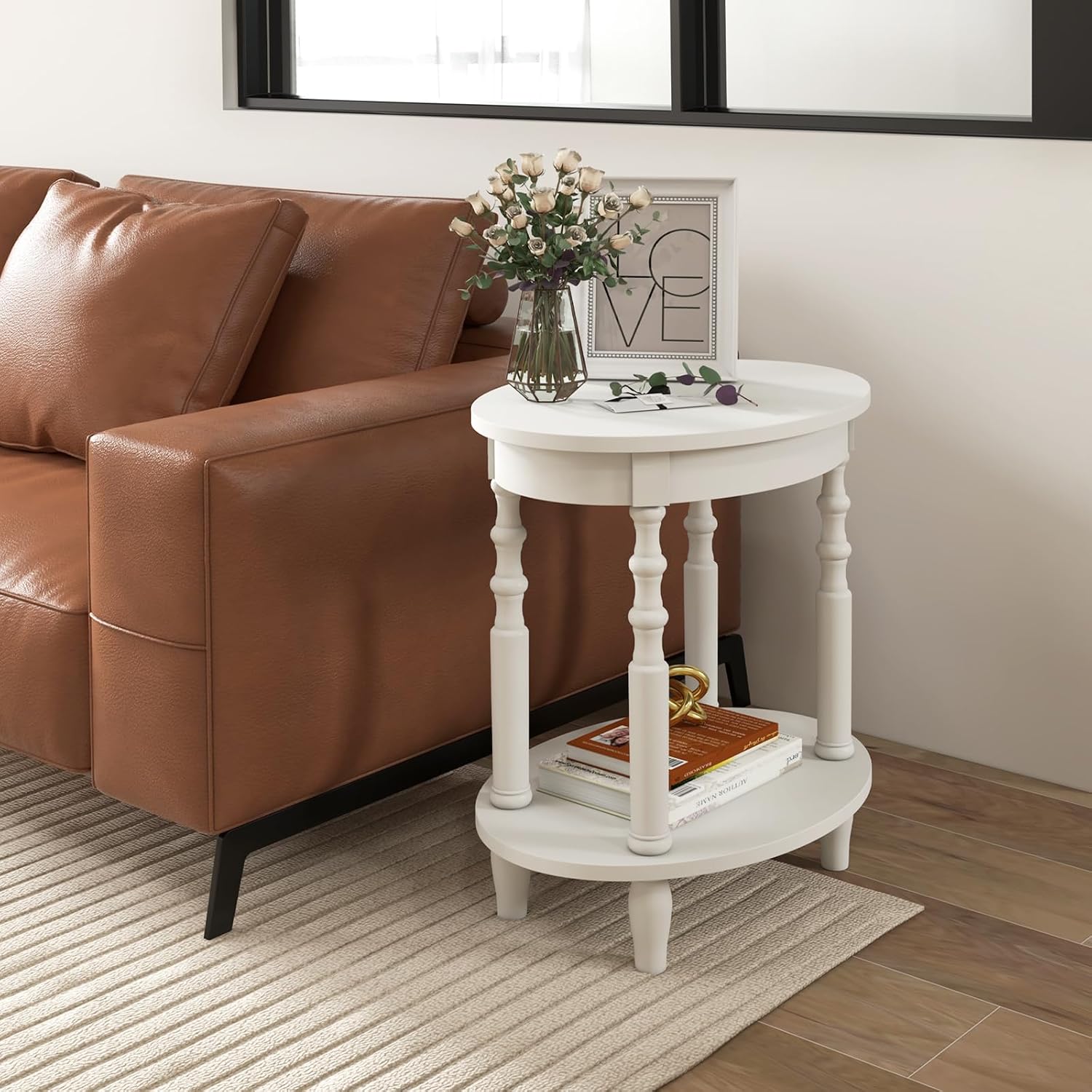 Giantex Oval End Tables Set of 2, 2-Tier Side Tables with Storage Shelf & Solid Wood Legs, Modern Living Room Accent Table, Wood Nightstand for Bedroom, Small Space, 20.5'L x 15.5'D x 24.5'H, White