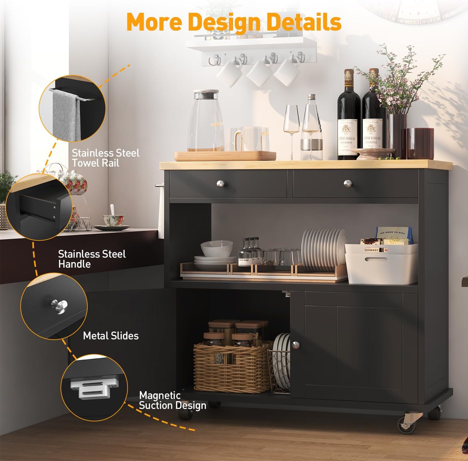 knoworld Rolling Kitchen Island with Storage Cabinet, 35.4'' Width Kitchen Cart, 2 Drawers Island Table, Portable Mobile Kitchen Island with Towel Rack, Wood Top and Lockable Wheels, Black