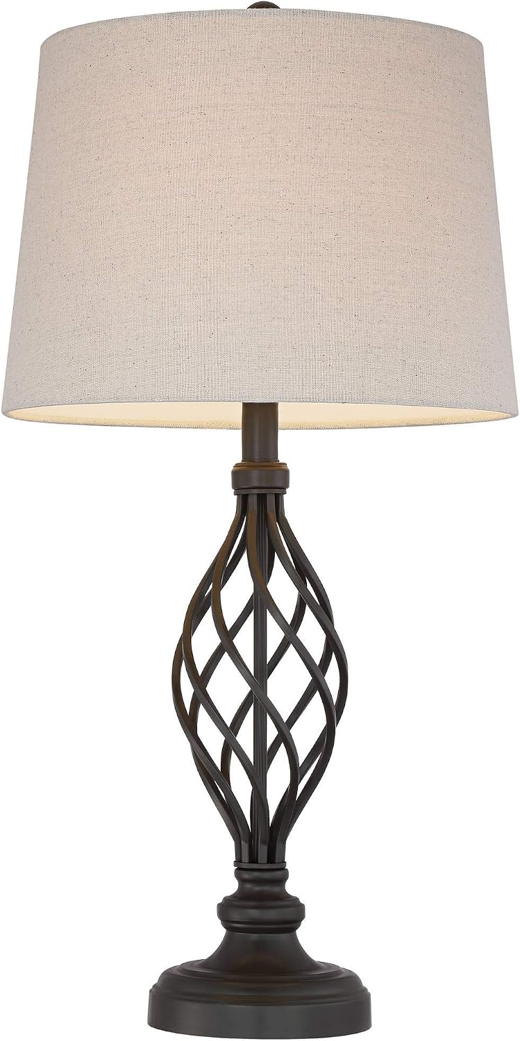 Franklin Iron Works Annie Modern Industrial 3-Way Table Lamps 28' Tall Set of 2 with Dimmers Bronze Iron Cream Tapered Drum Shade for Bedroom Living Room House Home Bedside Nightstand Office