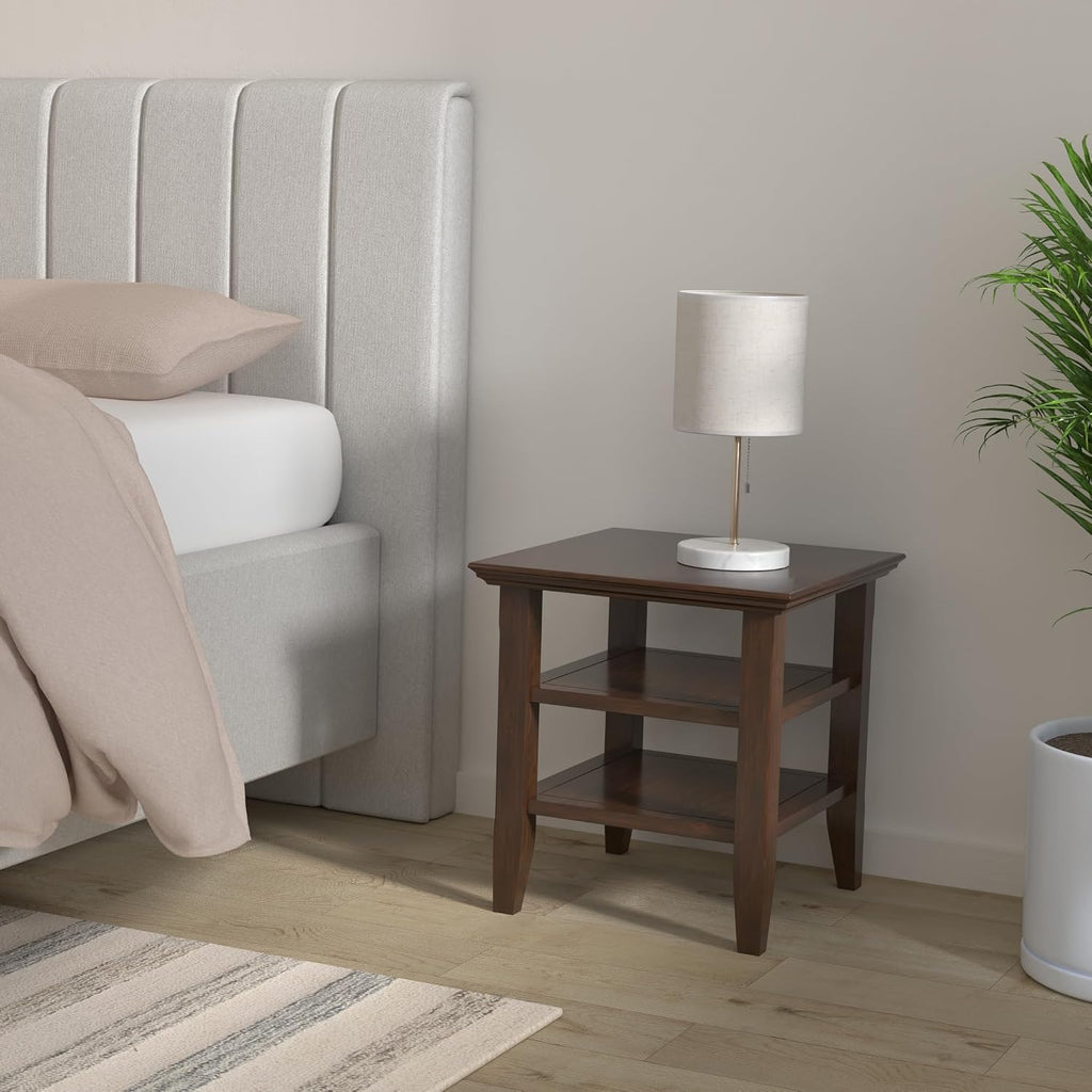 SIMPLIHOME Acadian End Table - 19 inch Wide Solid Wood Square Side Table with 2 Open Shelves in Brunette Brown, Transitional Nightstand or Shelving Unit for Living Room or Bedroom with Storage